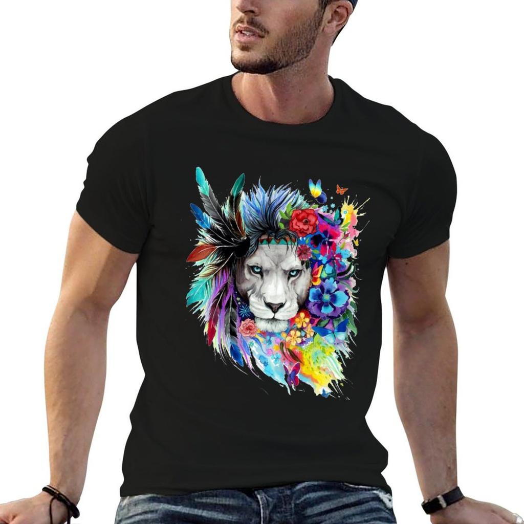 Gray Lion With Feathers And Affected Flowers Tshirt T Shirt For Unisex Unisex T Shirt Luxury Tshirt