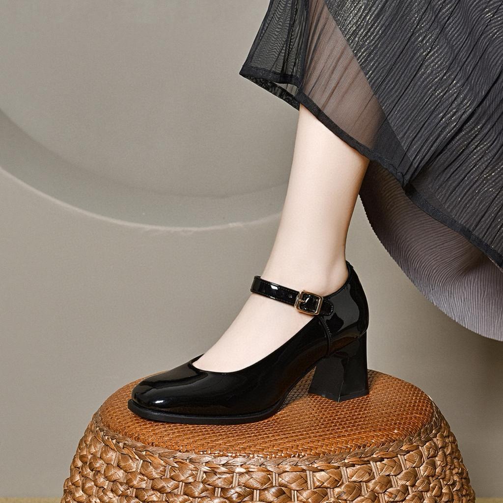 Square Head High Heels Women's Autumn One-word Buckle Shallow Mouth Mary Jane Shoes Thick Heel Small Single Shoes Patent Leather Women's Shoes