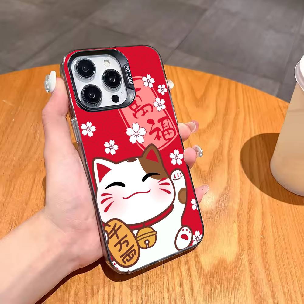 Lucky Money Cat M-Maneki N-Neko Phone Case For iPhone17 16 15 14 13 12 Pro Max Grey Black Matte Laser Metallic Aurora Funda