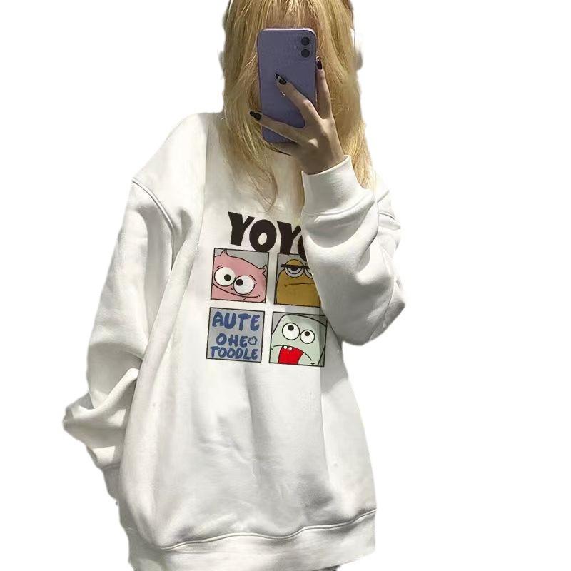 Women's Japanese INS-Style Round Neck Sweatshirt, Merade Color, College Style, Autumn/Winter, Plus Velvet, Warm, Loose Long Sleeve Top