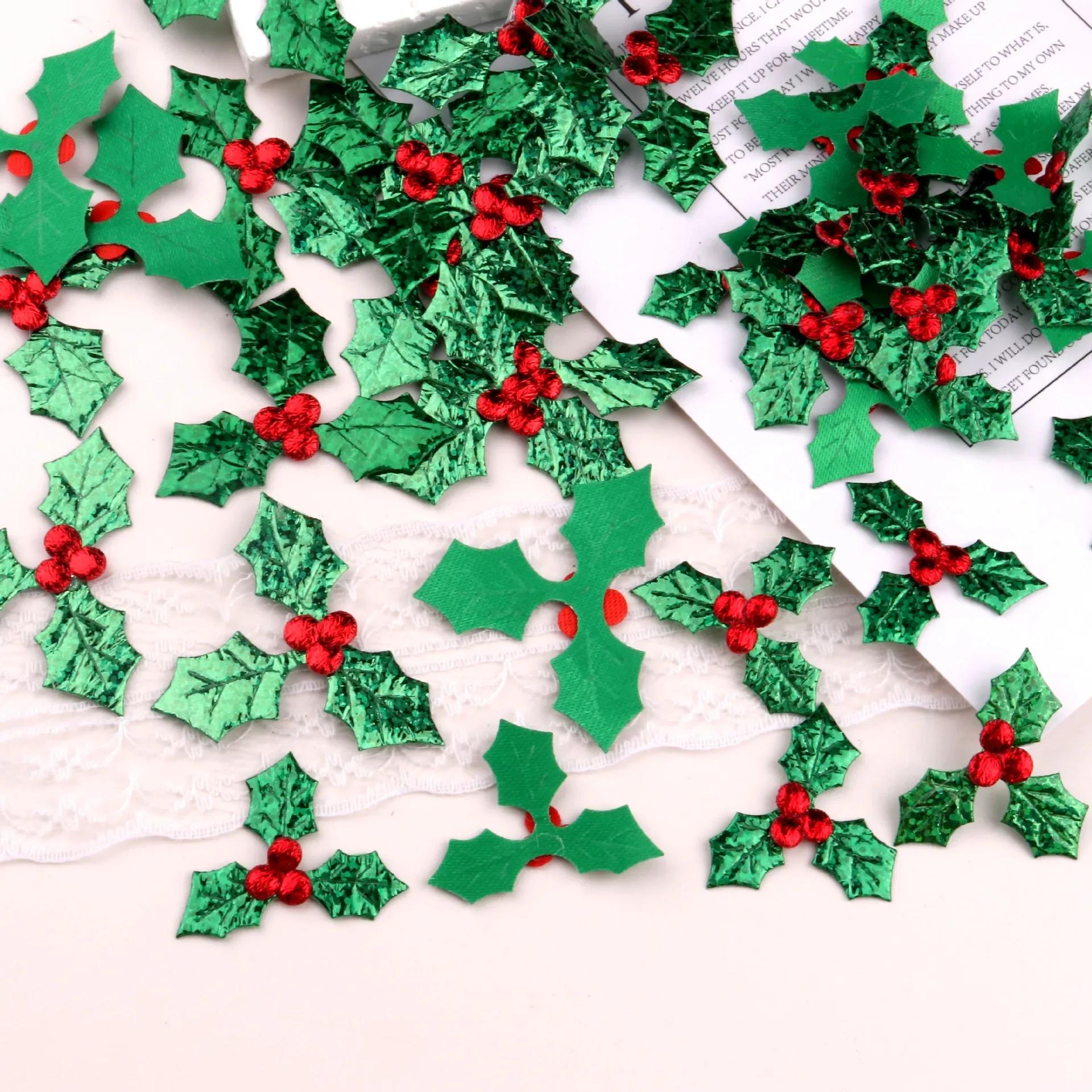 

100pcs Table Decoration Holly Berries and Leaves Appliques for Christmas Decoration ,Stick-on DIY Laser Green Color 3cm