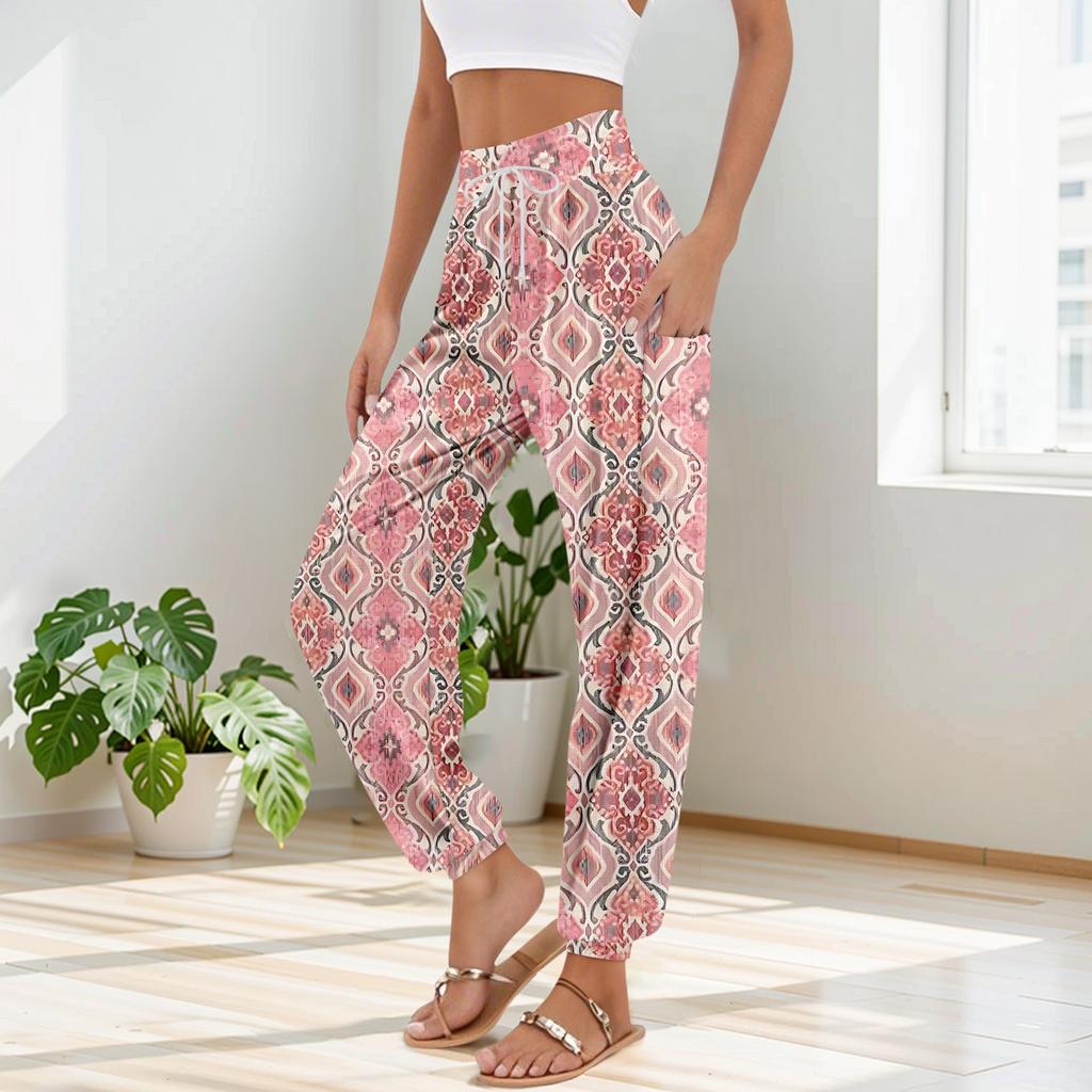 Women's Pocket Drawstring Trousers High Waist Yoga Bohemian Printed Casual Pants