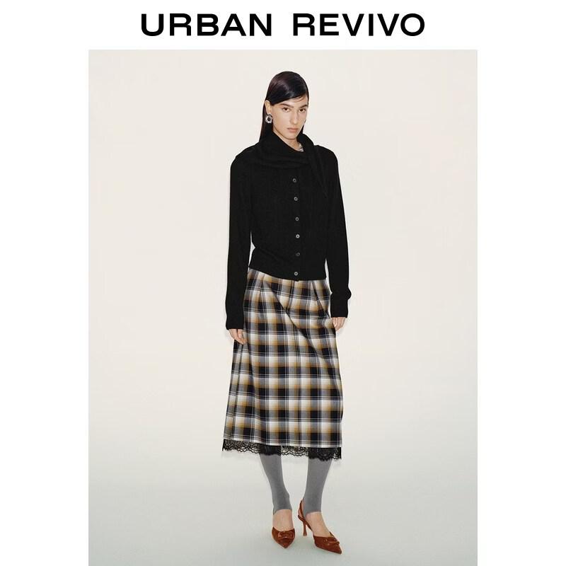 UR2026 Women's Trendy Color-block Plaid Lace Patchwork Skirt
