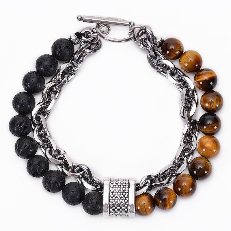 Men's Natural Tiger Eye Stone & Stainless Steel Chain Bracelet