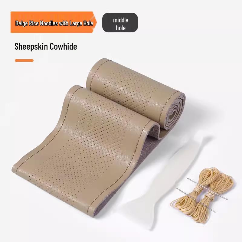 Genuine Sheepskin Texture Leather Steering Wheel Cover, All-Season, Hand-Stitched Calfskin
