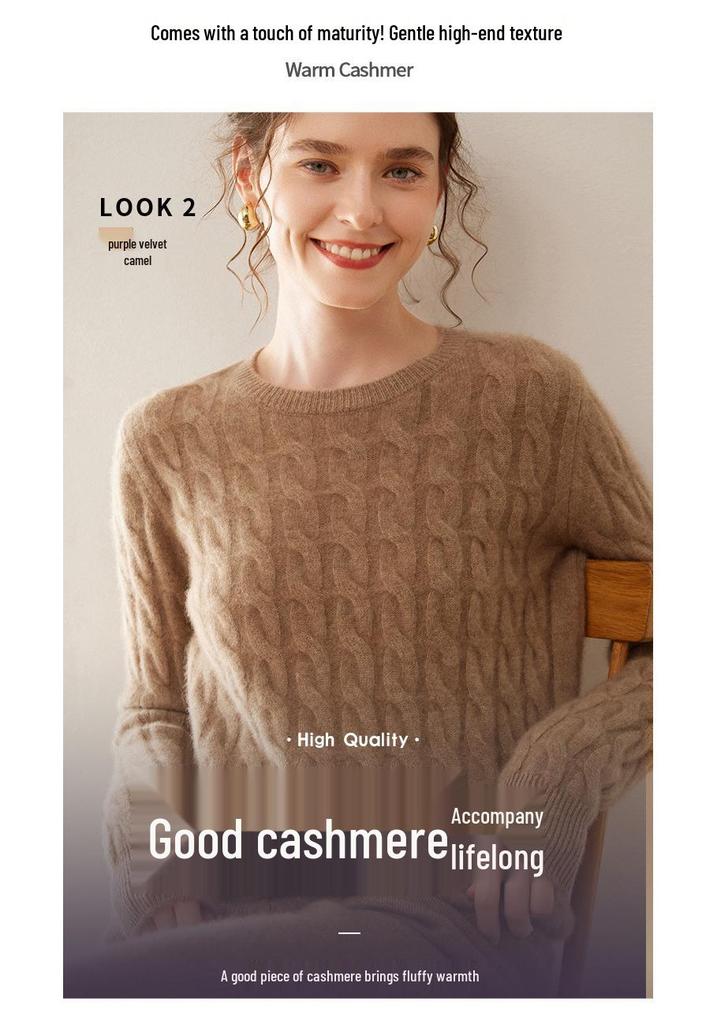 Women's Retro Cable Knit Cashmere Pullover - Soft, Skin-Friendly, Long-Sleeved, Round Neck Base Layer.