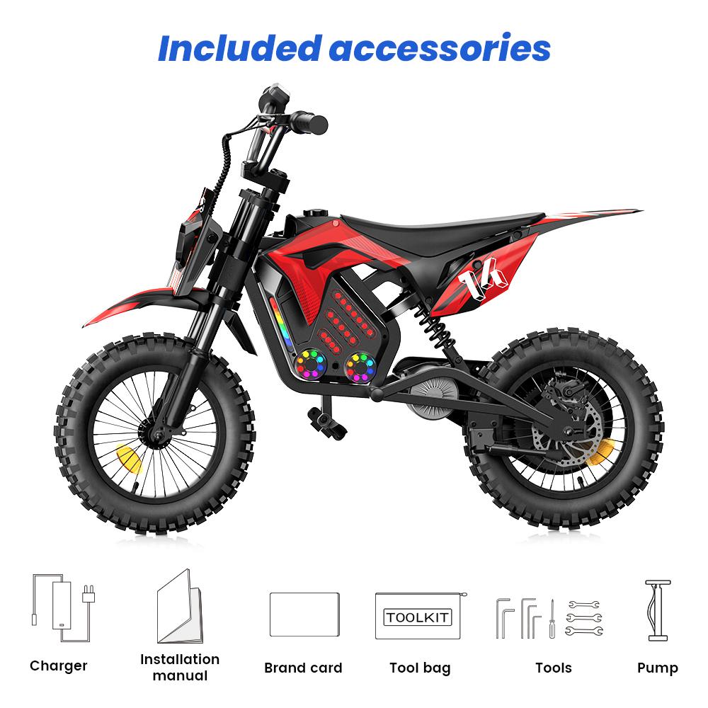 A14 Dětská ELEKTRICKÁ DIRT BIKE 14 palců 500W Motor 36V5.2Ah Baterie Dojezd 20-22 km Tlumení nárazů, Bluetooth LED světla