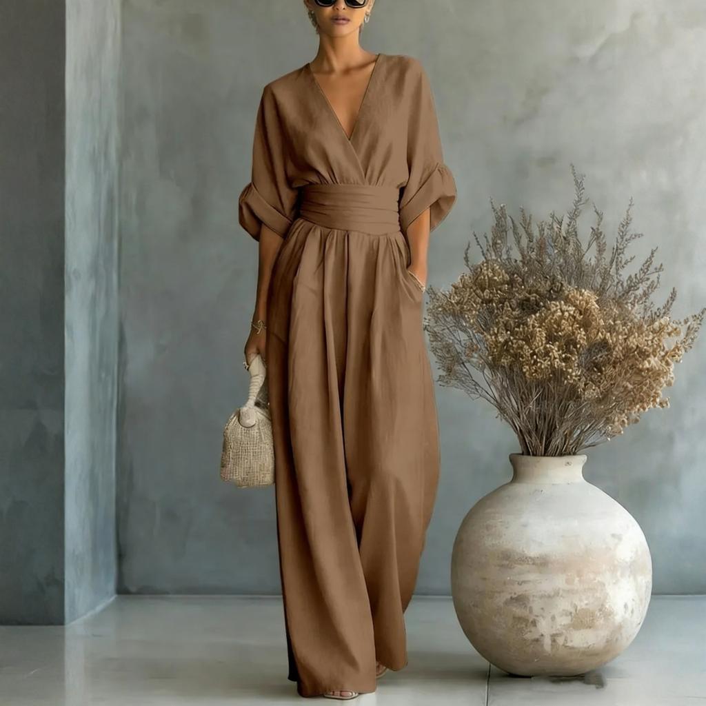 Tuta Elegante da Donna a Gamba Larga con Scollo a V e Cintura