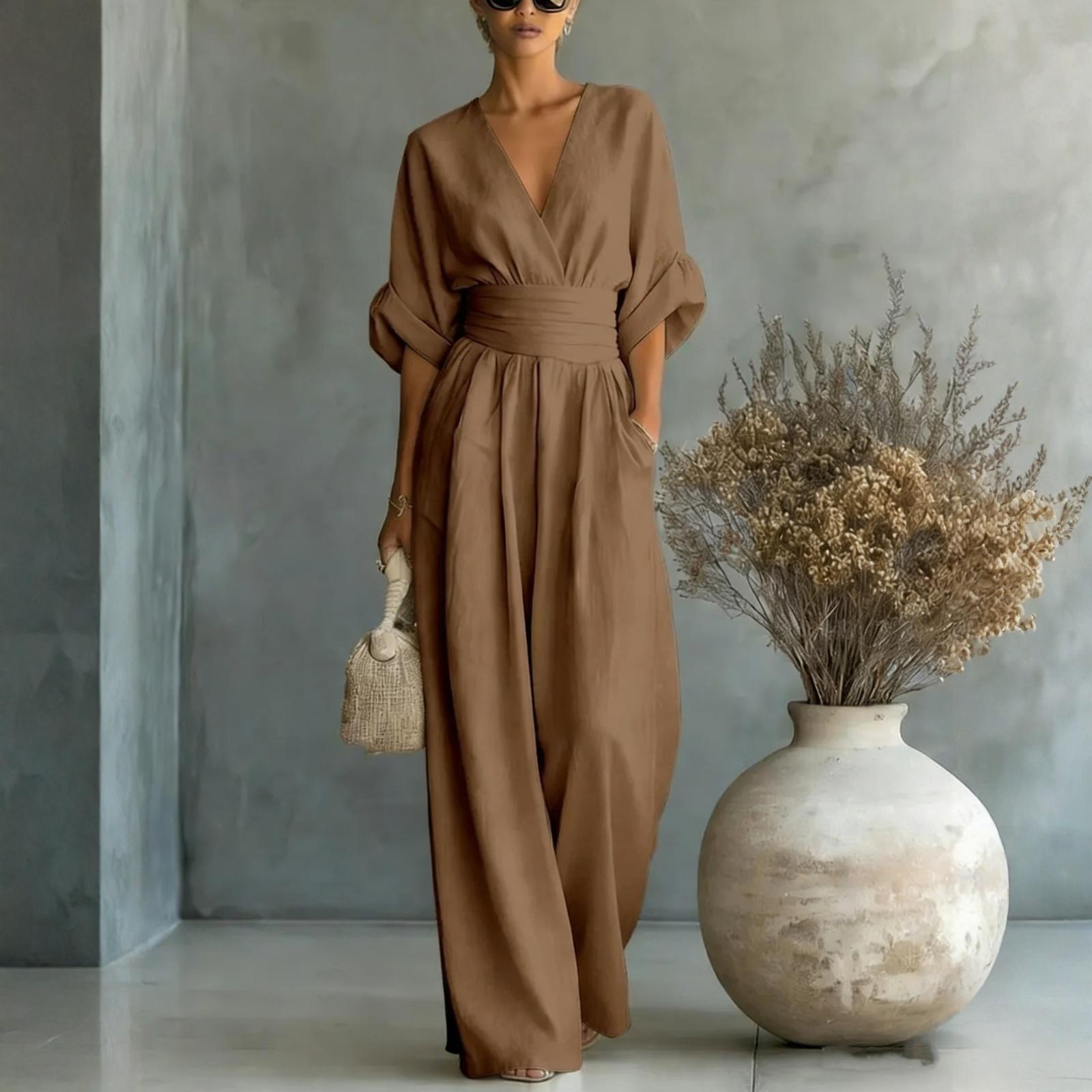 Women s Wide-leg Elegant Waist-cinching V-neck Jumpsuit XL коричневый