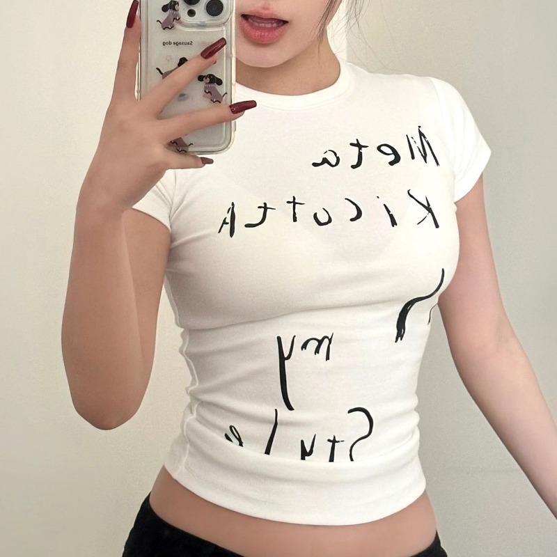 

Японская белая футболка Y2k Винтажные футболки с буквенным принтом в стиле 2000-х годов Футболка с коротким рукавом в стиле гранж в стиле Харадзюку L белый