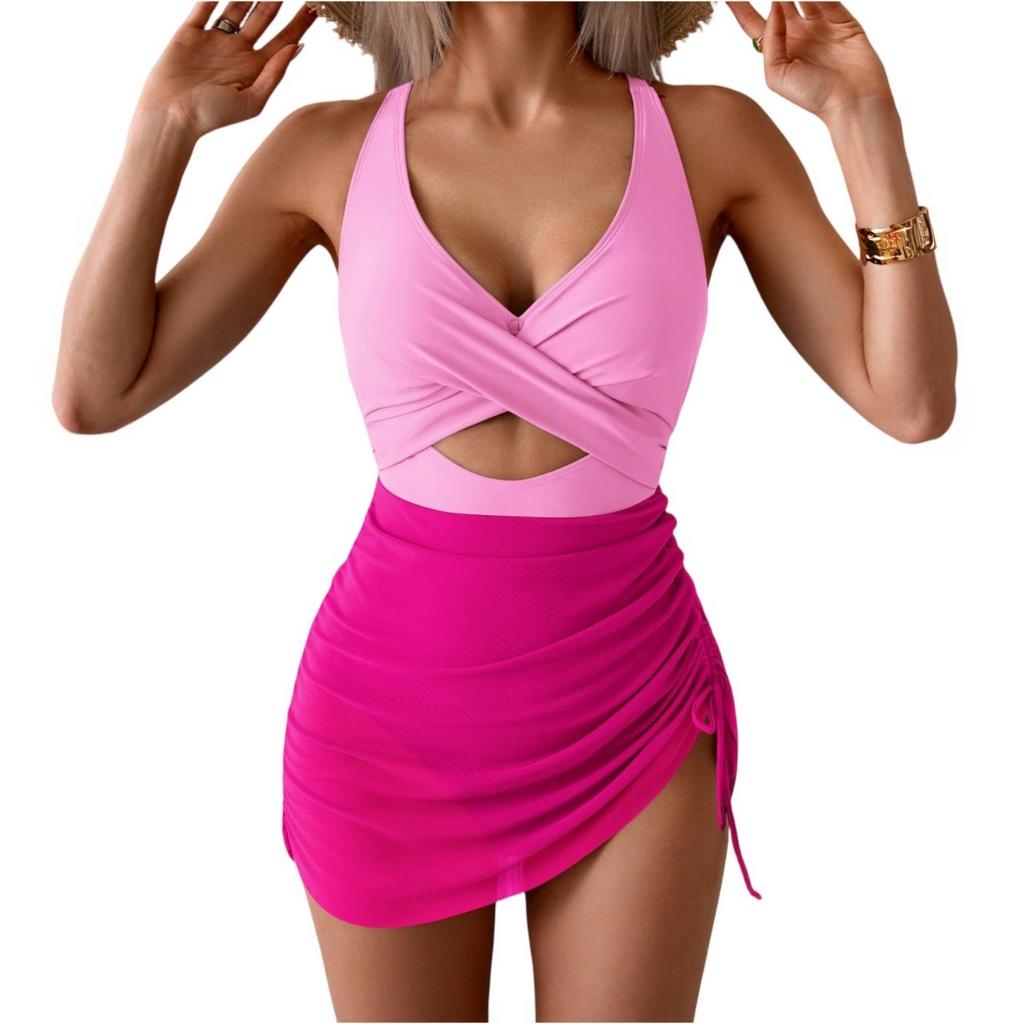 Women's Solid Colour One-piece With Bra Pads Non-steel Support Swimming Costume Sexy Bikini
