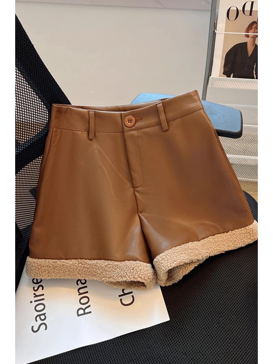 

Женские шорты с высокой талией из овечьей шерсти и кожи - модная повседневная одежда на осень/зиму 2024 M кофейный