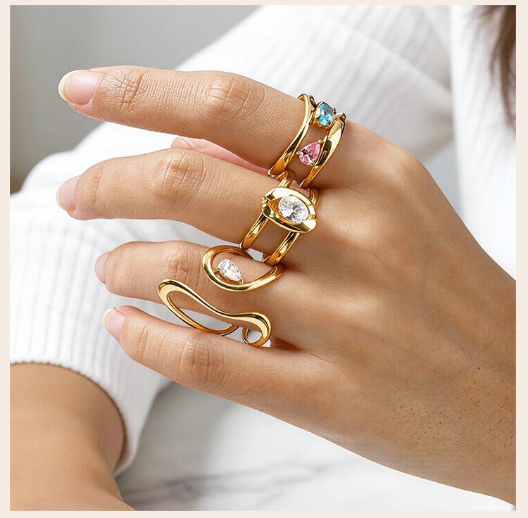Luxury Adjustable Open Rings PVD Gold Plated Stainless Steel Zircon Geometric Rings for Women Stackable Jewelry Non Tarnish