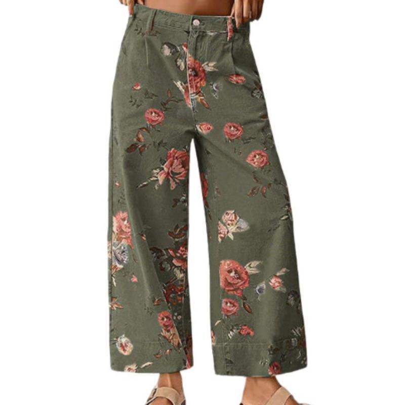 Herbst und Winter Damen lockere Jeans Blumenmuster Denim Neun-Punkt-Hose Weiter Bein Mittlere Taille Jeans