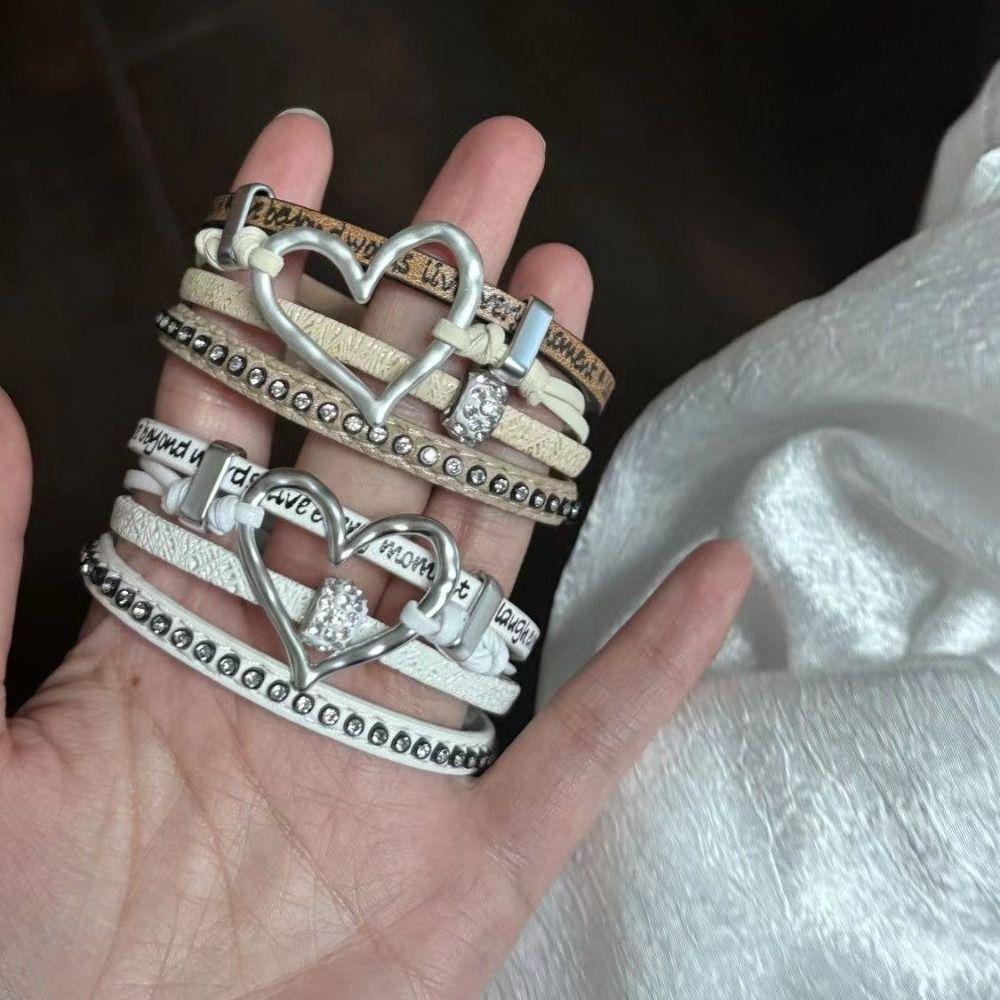 Multilayer Rhinestone Leather Bracelet Gothic Three Layers Bracelet Fashion Heart Bracelet  Female