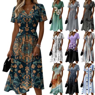 Vestido casual de manga corta con cuello en V, floral y a la moda para mujer