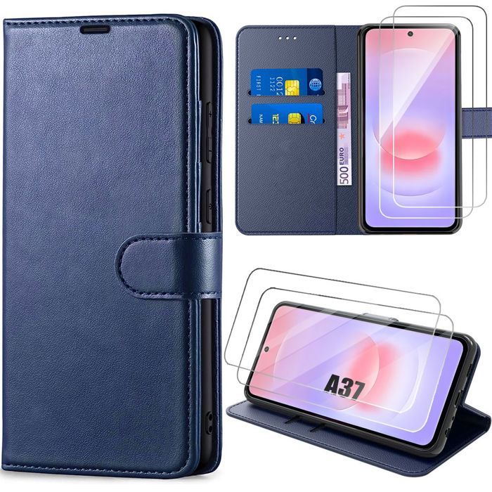 Coque Synthécuir - BOOLING - pour Samsung Galaxy A37 5G - Anti-Rayures Bleu Marine - 2 Verre Trempé
