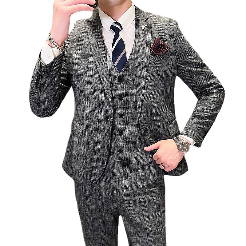 Britisch-koreanische Plaid-Männer (Anzug + Weste + Hose) Stilvoller und schöner dreiteiliger Business-Casual-Anzug