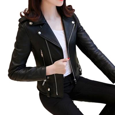 Fall Winter Women Coat Faux Leather Slim Fit Solid Color Turn-down Collar Zipper Rivet Decor Smooth Cardigan Long Sleeve Lady Motor Jacket