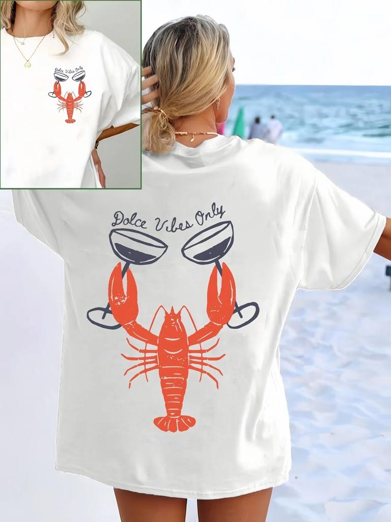 Lobster and wine glass print short-sleeved T-shirt casual and versatile style suitable for summer daily wear and going out
