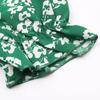 Women Summer Green Floral Print Pleated Dress Short Sleeve O Neck Lace Up