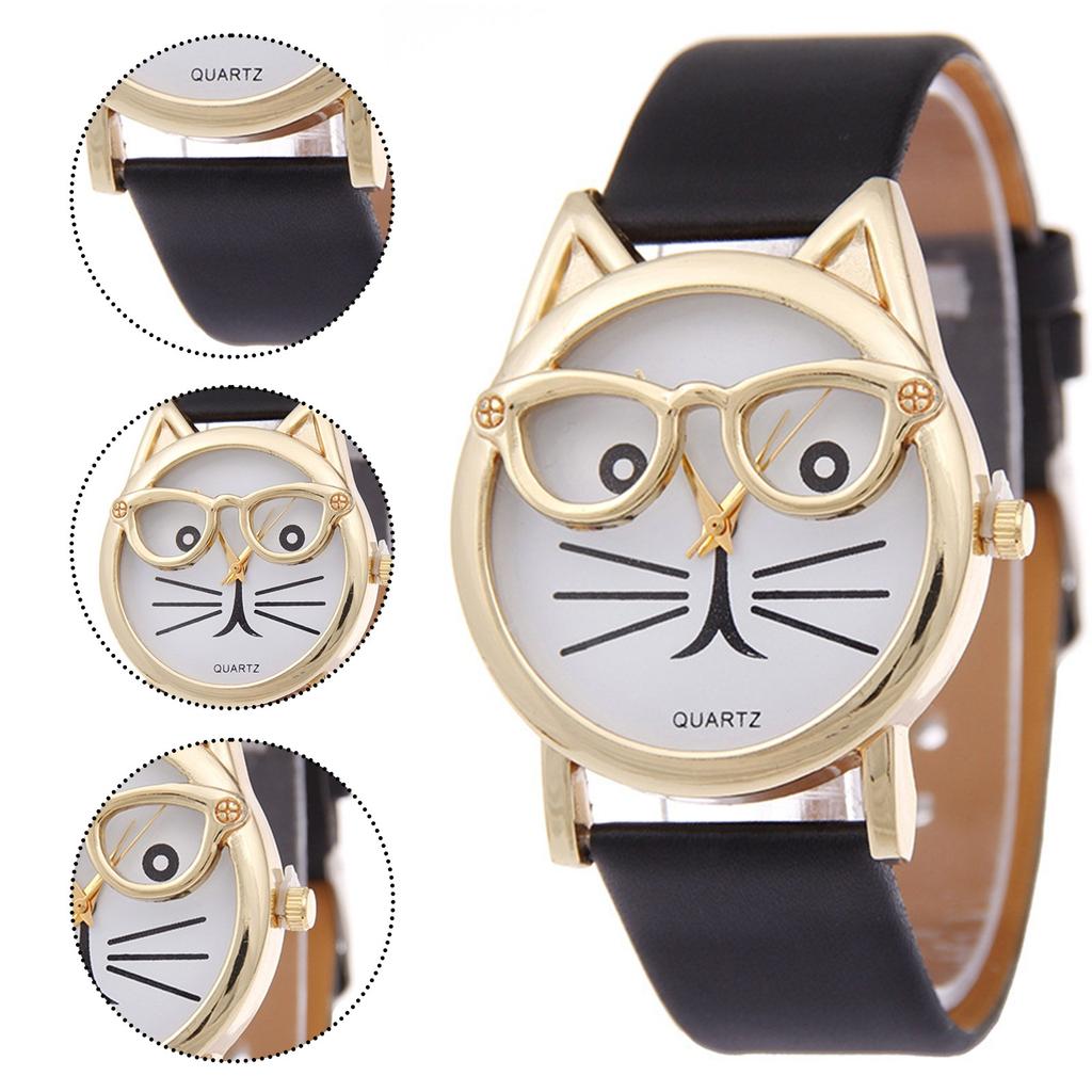 Ladies Watch Wear Glasses Cat Dial Belt Ladies Quartz Watch