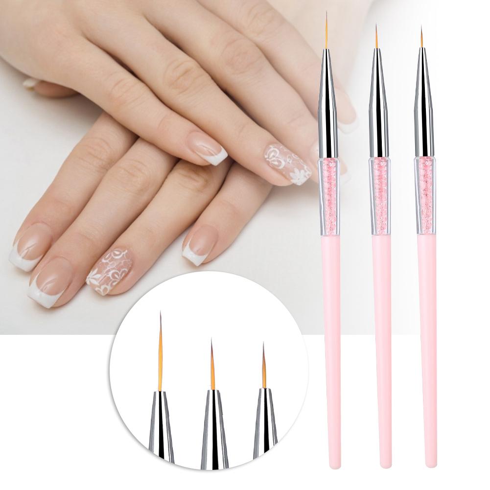 3pcs Nail Art Dotting Liner Brush UV Gel Painting Pen Drawing Tool Set Rhinestone Handle (Pink)