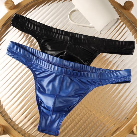 Men Glossy Sexy Thongs Silky Smooth Underpants Imitation Leather Soft Low-Waist Thong Briefs for Date Party Nightlife