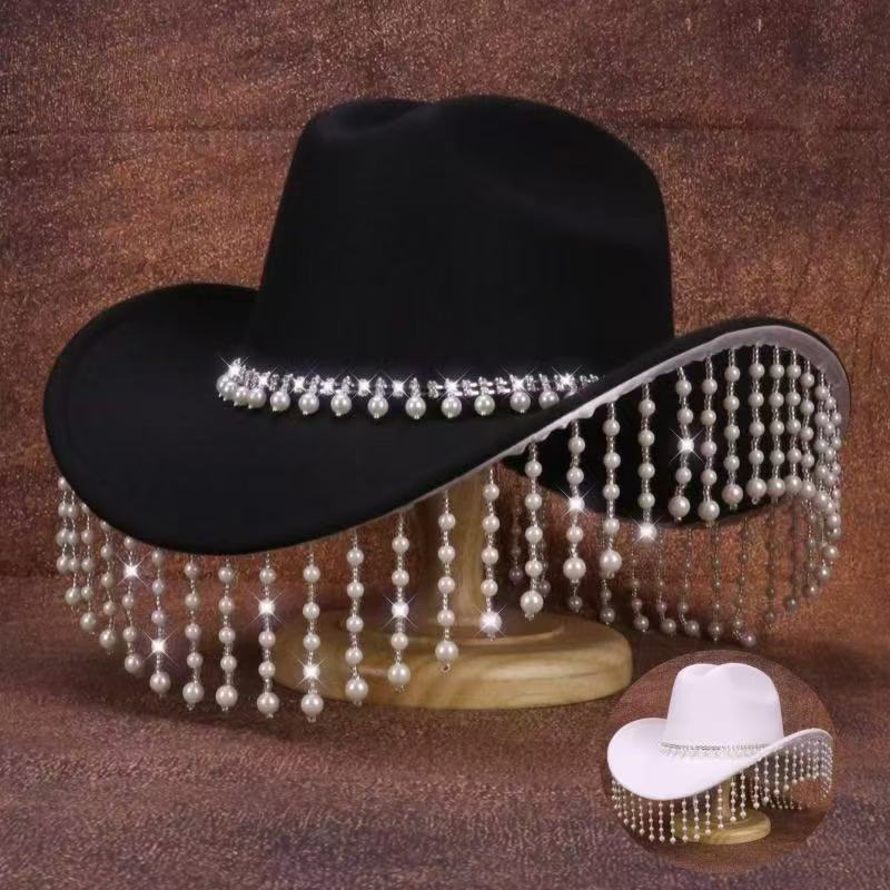 New European and American style cowboy hat women's summer beach sun hat rhinestone fringed jazz cowboy hat