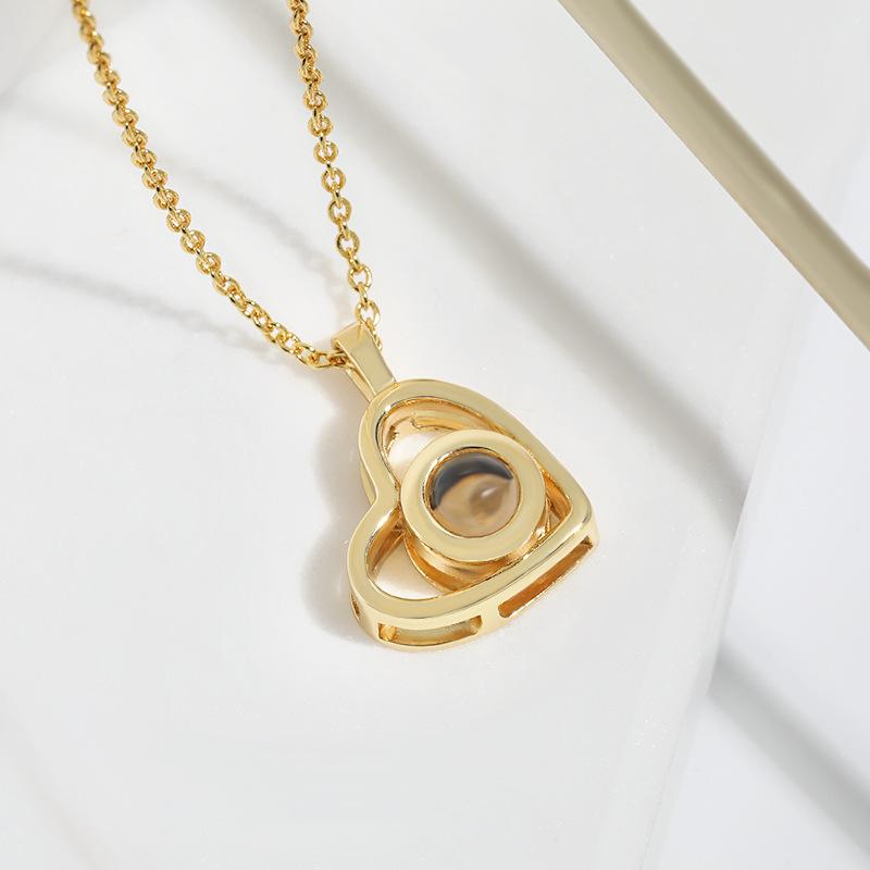 18K Gold Love Memory Pendant Collarbone Chain Female, Nano Projection Stone 100 Sentences I Love You Hollow Love Necklace