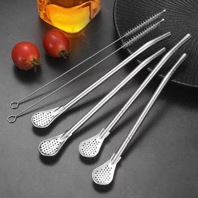 Metallstrohhalm Rührlöffel zum Trinken, 304 Edelstahl Wiederverwendbarer Tee Cocktail Filter mit Bürste Küchen Bar Utensil