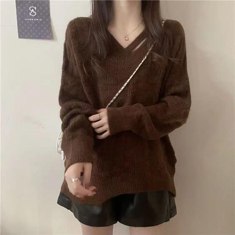 Autumn Winter V-neck Loose Casual Hole Sweater Women Solid Color Simple All-match Irregular Knitting Pullover Top