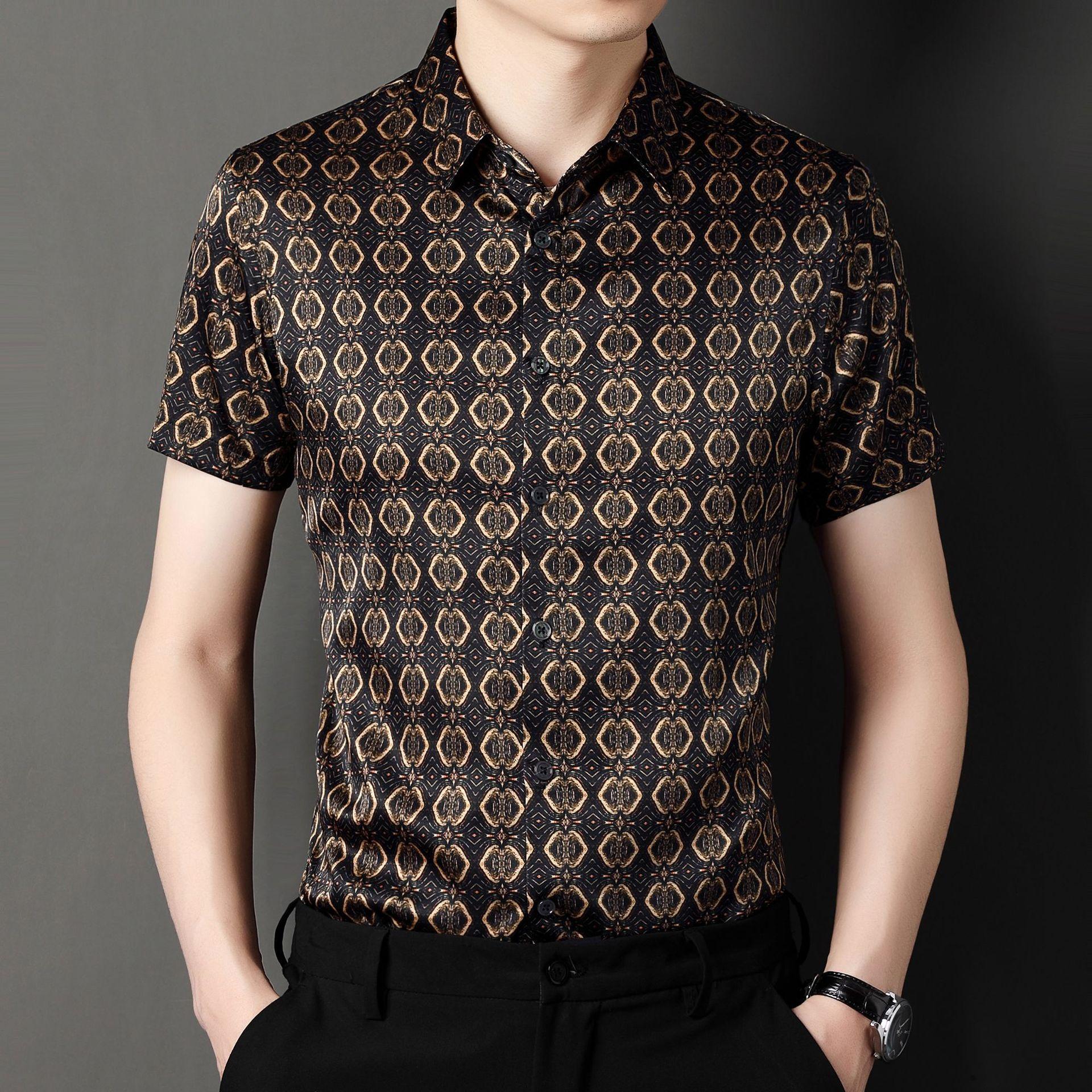 

Мужская рубашка из шелка шелковицы с короткими рукавами, футболка, летняя новая стильная деловая повседневная жаккардовая рубашка без железа для молодежи и среднего возраста, модная рубашка XXL