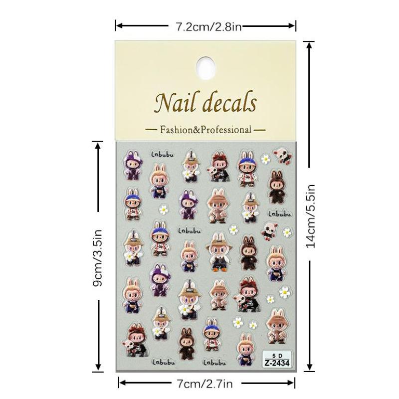 Søte Tegneserie 5D Labubu Negleklistremerker Kunstdekorasjon Kawaii Selvklebende Negledekor Dekaler Kunstklistremerker Neglemanikyr Tilbehør