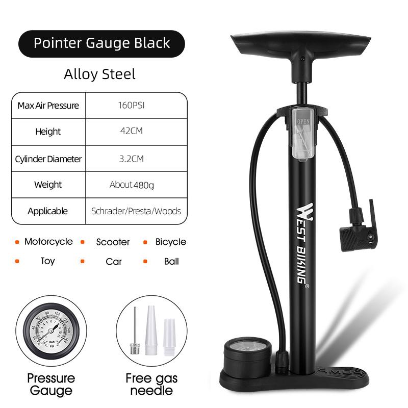 WEST BIKING Bicycle Air Pump With Gauge 160PSI High Pressure Tire Inflator Schrader Presta Cycling Pump MTB Road Bike Floor Pump