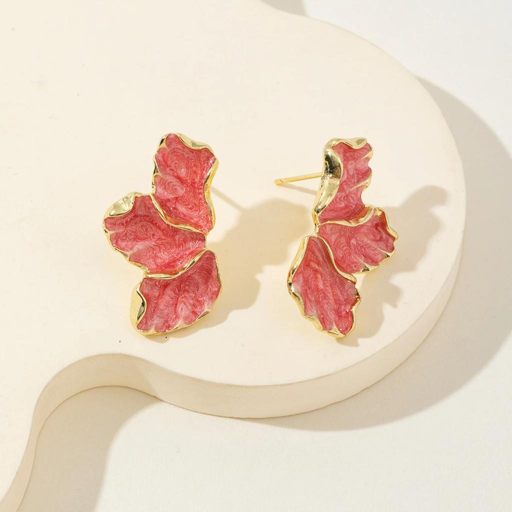 Hibiscus Dropped Glaze Flower Stud Earrings for Women Girl French Vintage Fashion Accessories Wedding Romantic Zircon Gifts