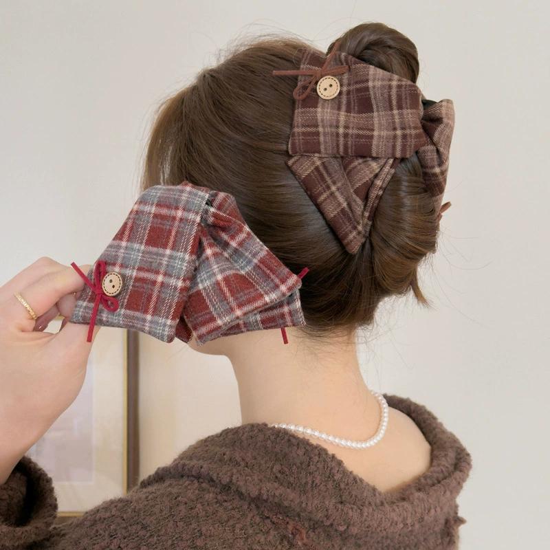 Korean-Style Ins Bow Plaid Hair Clip For Women Large Vintage Hair Clip For Back-Of-Head Updo Shark Clip