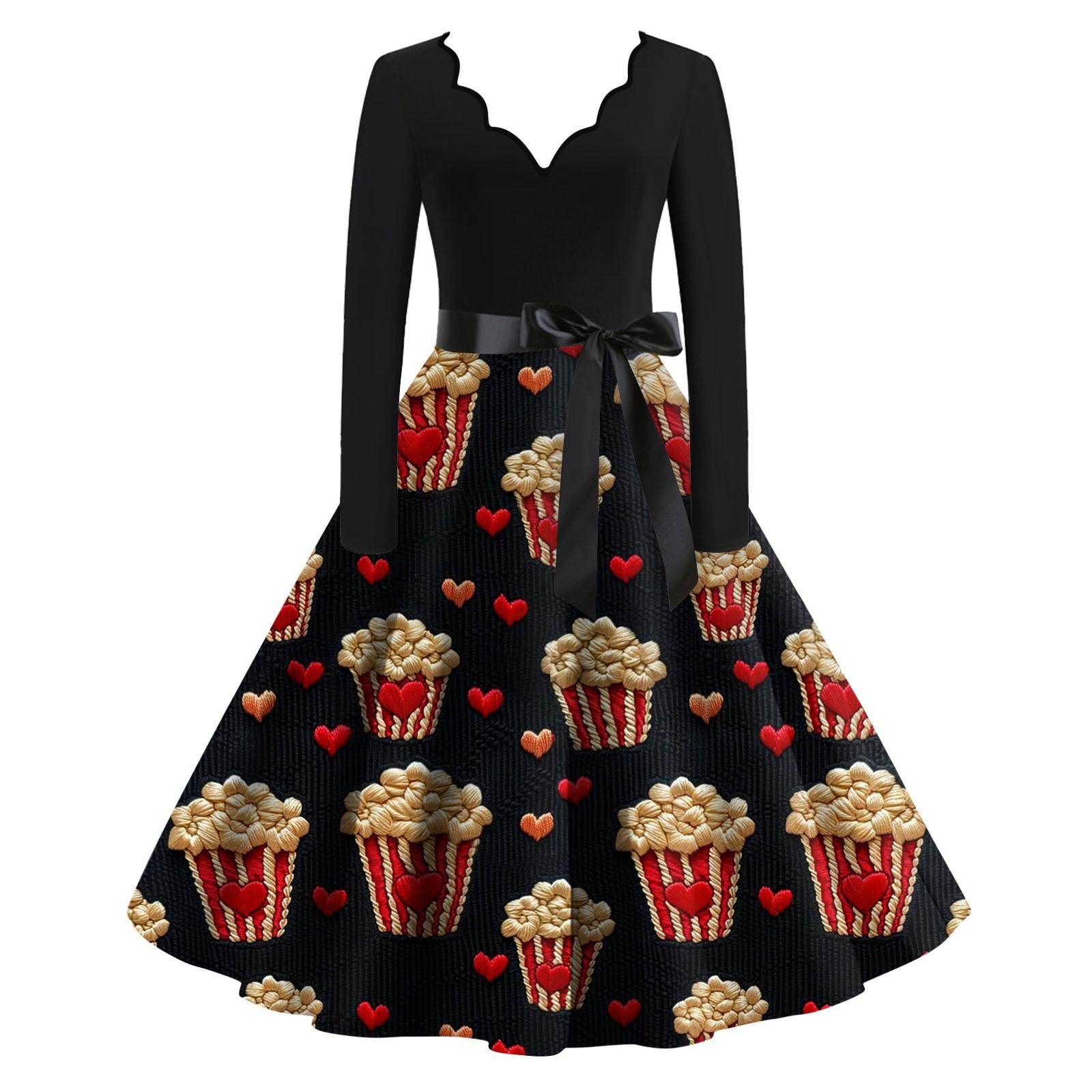 

Женское облегающее платье свободного кроя с V-образным вырезом и длинными рукавами в стиле «День святого Валентина» с принтом в виде сердец L чёрный