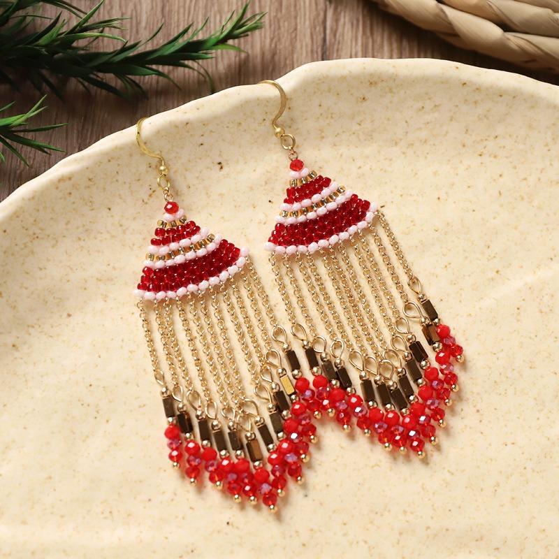 Niche design crystal rice bead fringed earrings retro high-end long bohemian earrings for women