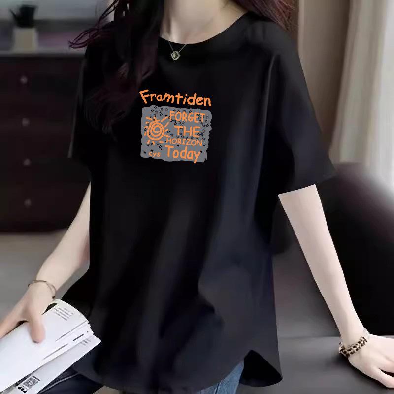 Damen Sommer 2025 Reines Baumwoll T-Shirt mit Rundhalsausschnitt, Print, abgerundetem Saum und kurzen Ärmeln - Trendiger lockerer Schnitt