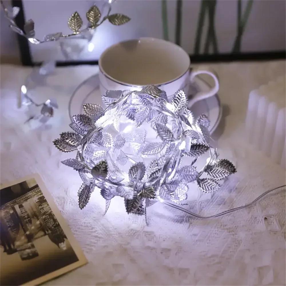 Golden Silver Tiny Leaf Led Copper Wire Fairy String Lights Garland Battery Powerd For Wedding Home Party DIY Xmas Garden Decor