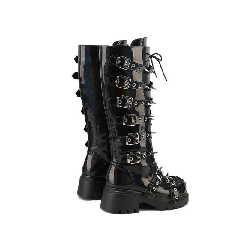 Fashion Retro Belt Buckle Metal Rivet Hollow Out Long Boots European American Casual Punk Style Shiny Thick Heel Motorcycle Boots 34-43