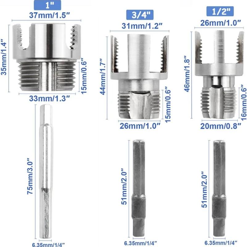 3PCS Heavy-Duty PVC/Plastic Pipe Threading Tool Kit 1/2" 3/4" 1" Male & Female Threads for PVC PPR MPP Pipes