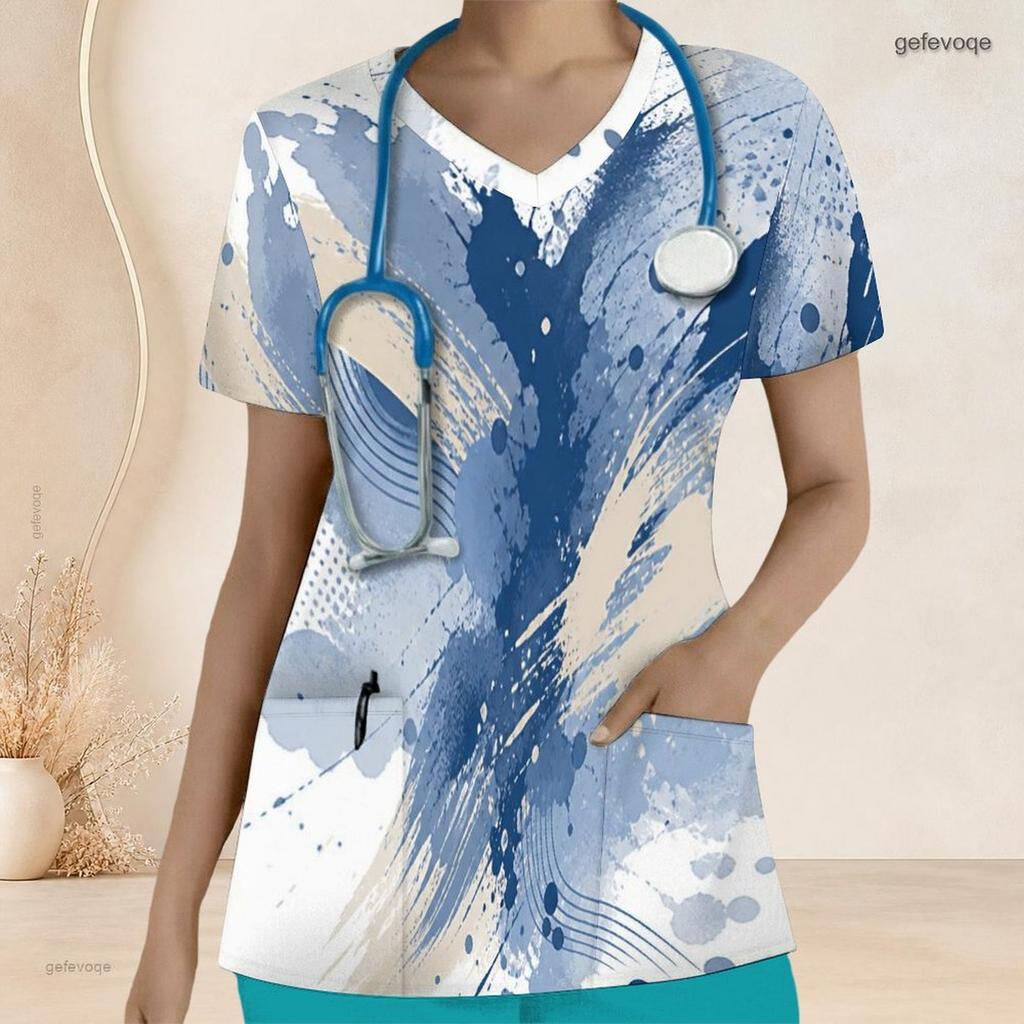 Women Plus Size Nurse Scrub Top V Neck Short Sleeve Abstract Printed Blue Beige With Front Pockets