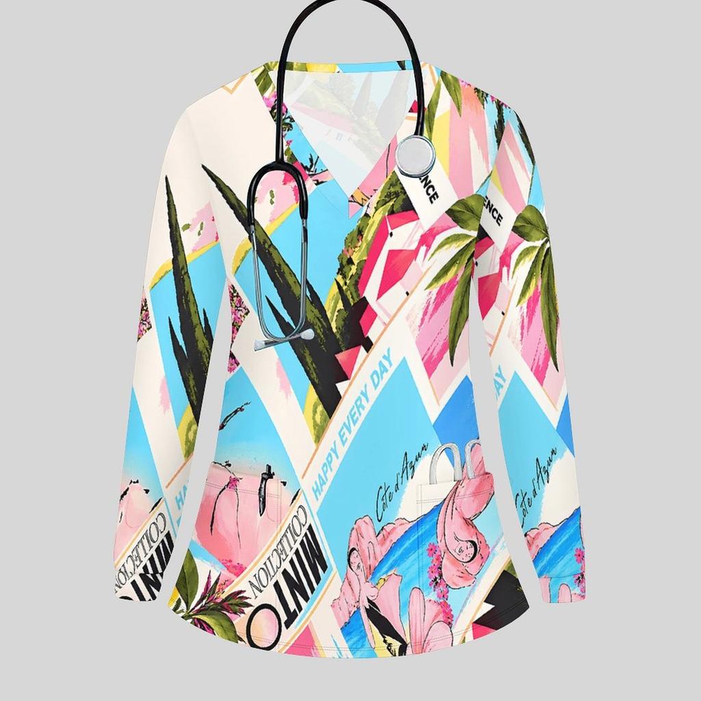 Women Plus Size Blue Pink White Printed V Neck Long Sleeve Nurse Scrub Top With Front Pockets