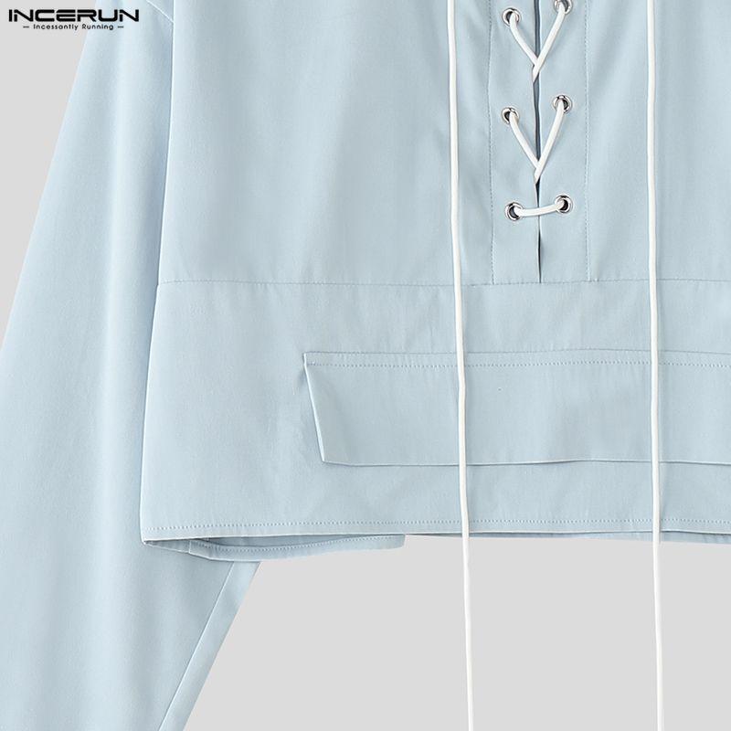 INCERUN Oversized Men Lapel Neck Long Sleeve Bandage Casual Loose Cropped Shirts