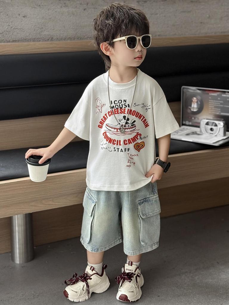 Boys' Cartoon Mouse Bamboo Cotton T-Shirt - Japanese Trend, Summer 2026 Style, Kids' Half Sleeve