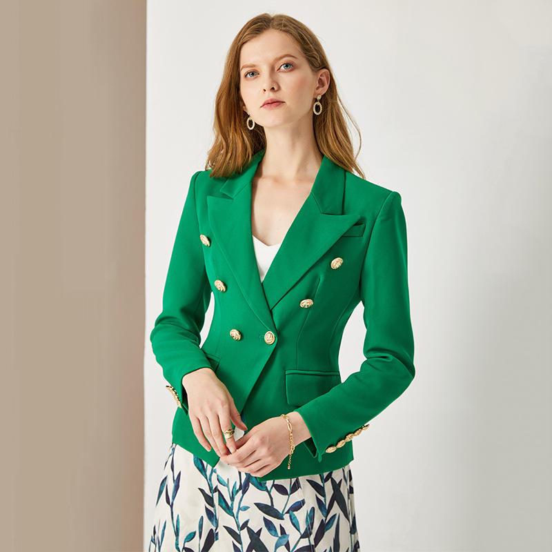 European Green Double-Breasted Women's Suit Jacket with Lion Head Buttons, V-Neck, Slimming Design, Versatile Style