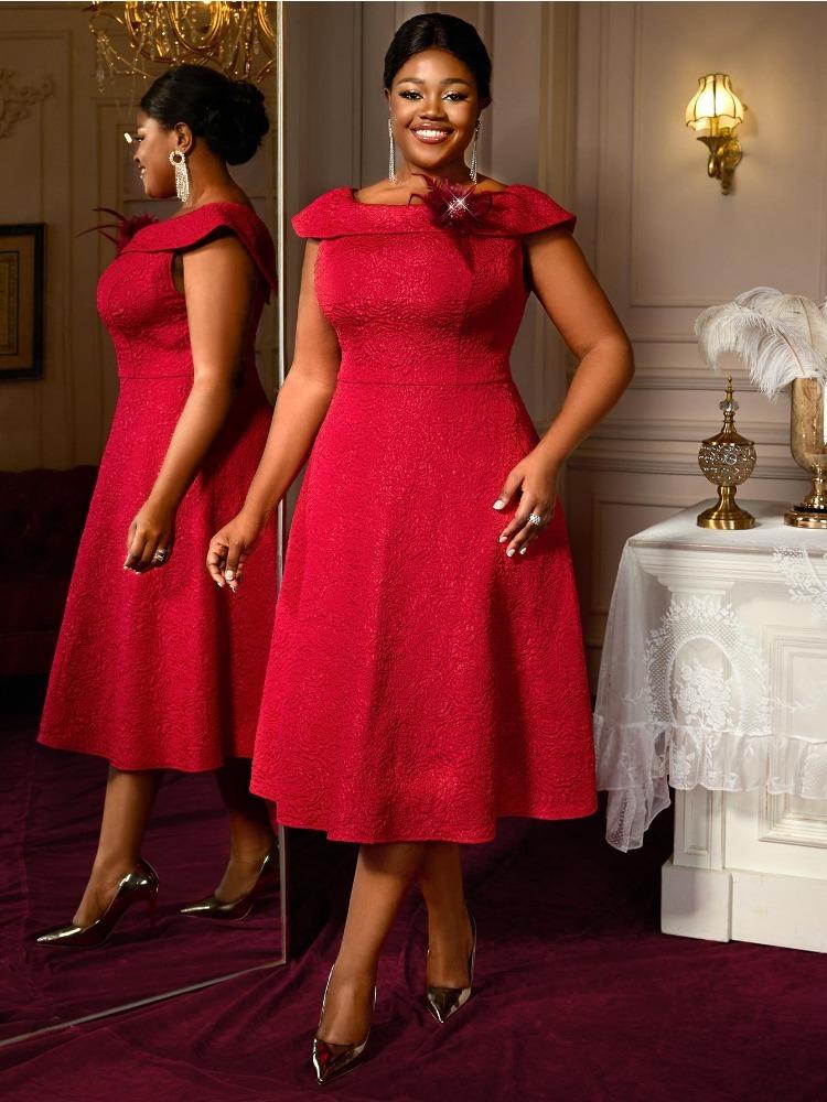 

Элегантное жаккардовое А-силуэтное вечернее платье для женщин с вырезом лодочкой, без рукавов, с отделкой перьями, винтажное миди-платье для гостьи на свадьбе или для вечера XXXL красный