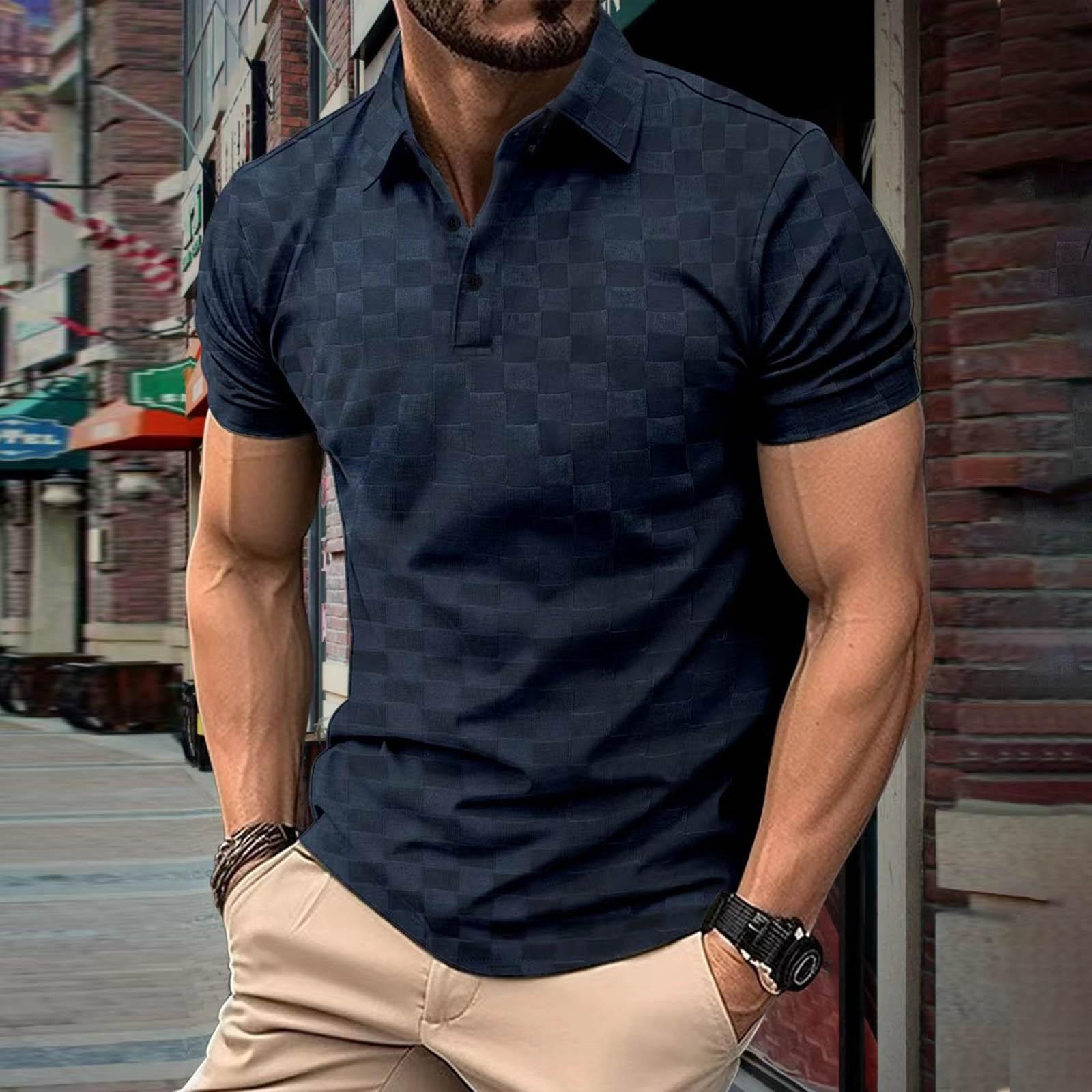 

Летние рубашки поло мужские жаккардовые клетчатые свободные мужские спортивные рубашки поло с коротким рукавом M тёмно-синий